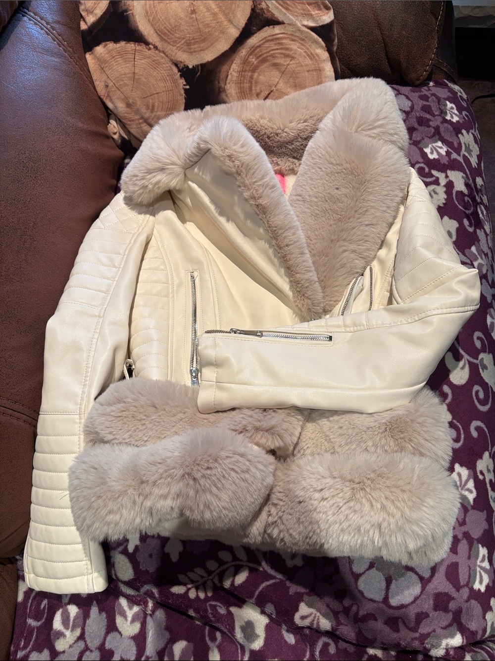 Women’s Cream Faux Fur Trim Moto Jacket